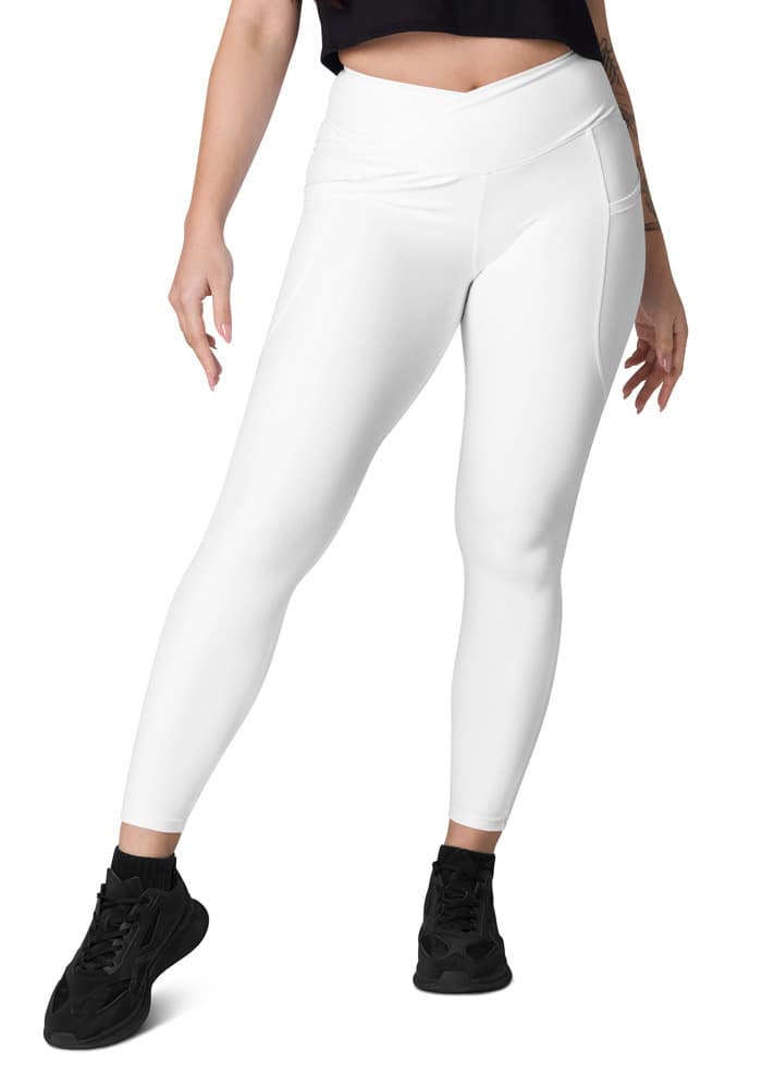 All-Over Print Recycled Crossover Leggings with Pockets – White