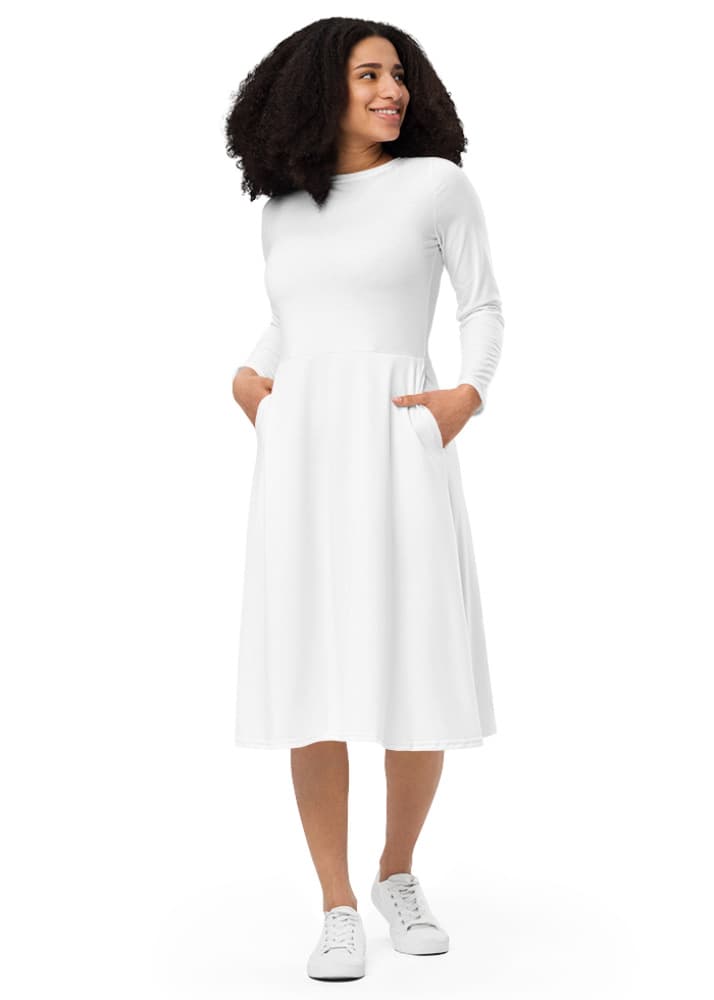 All-Over Print Long Sleeve Midi Dress – White